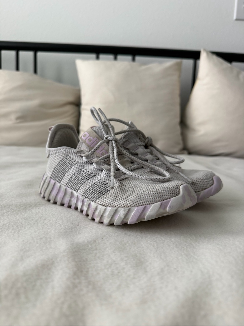 adidas kids Light Gray Knit Sneakers with Lavender Accents